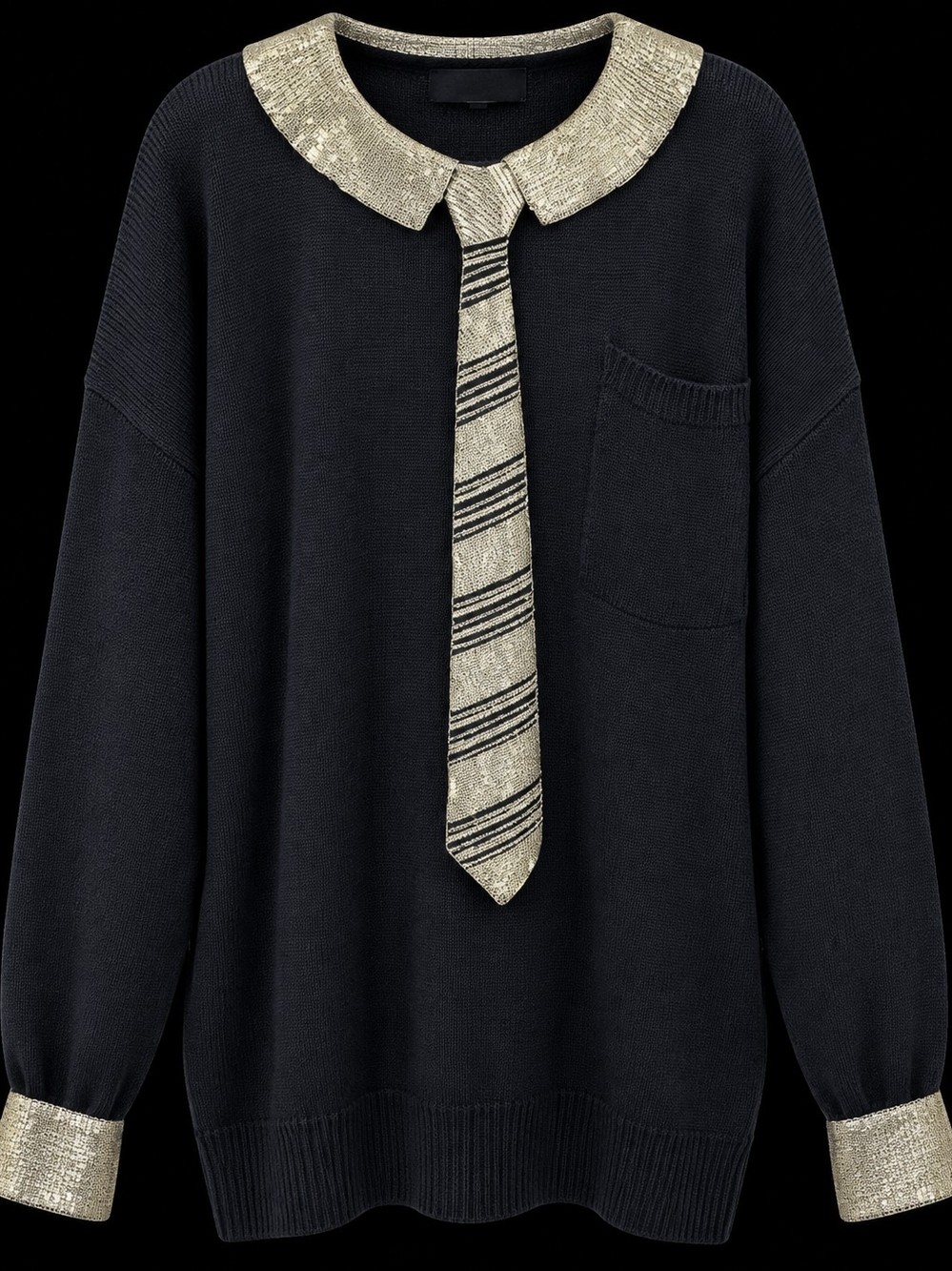 Vintage BONNIE BOERER PLUS Black Ramie Cotton Sweater Metallic Beaded Collar Tie